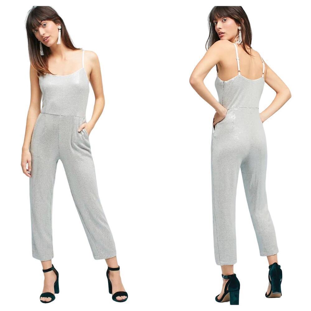 Anthropologie Ett:twa Claudette Jumpsuit Romper Sequin Crop Gray 14